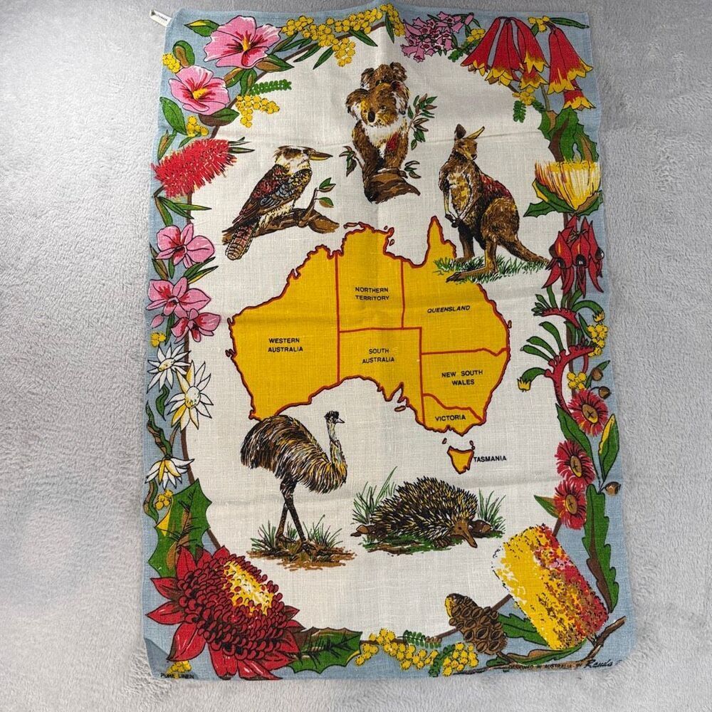 Vintage Australia Souvenir Linen Tea Towel Map Animals Wildflowers MCM A